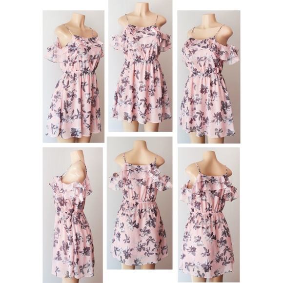 Pink Floral Ruffle Cold Shoulder Chiffon Dress - Picture 7 of 8